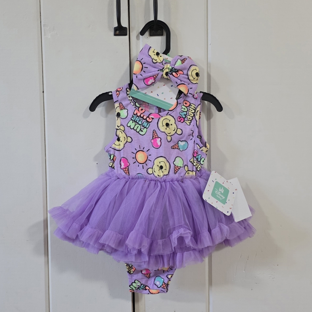 NEW Disney Baby Girl Skirted Tulle Sleeveless Pooh Romper & Headband 6/9M
